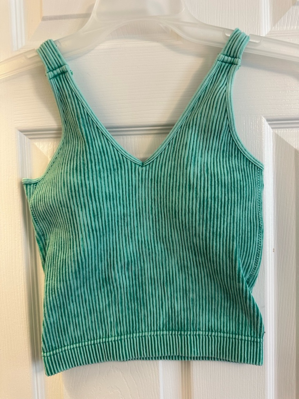 Zenana Outfitters Striped Ribbed V-Neck Tank Top in Teal and Aqua - Picture 3 of 4